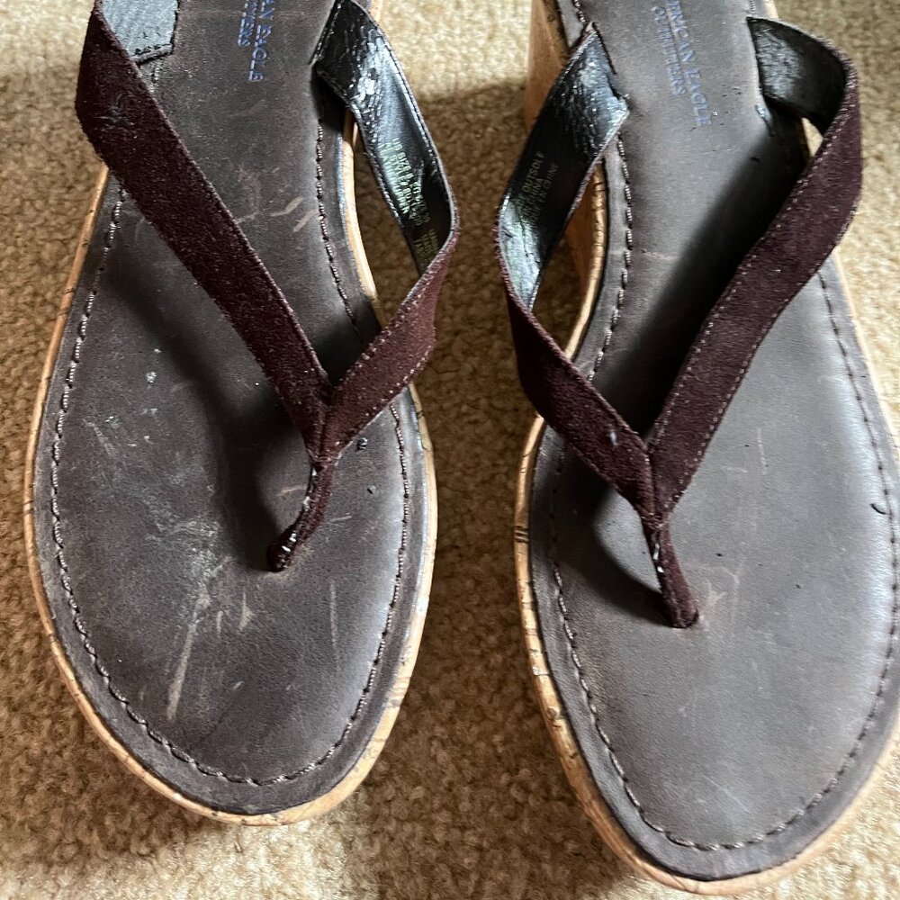 American Eagle Outfitters Brown Suede Thong Cork Wedge Sandals